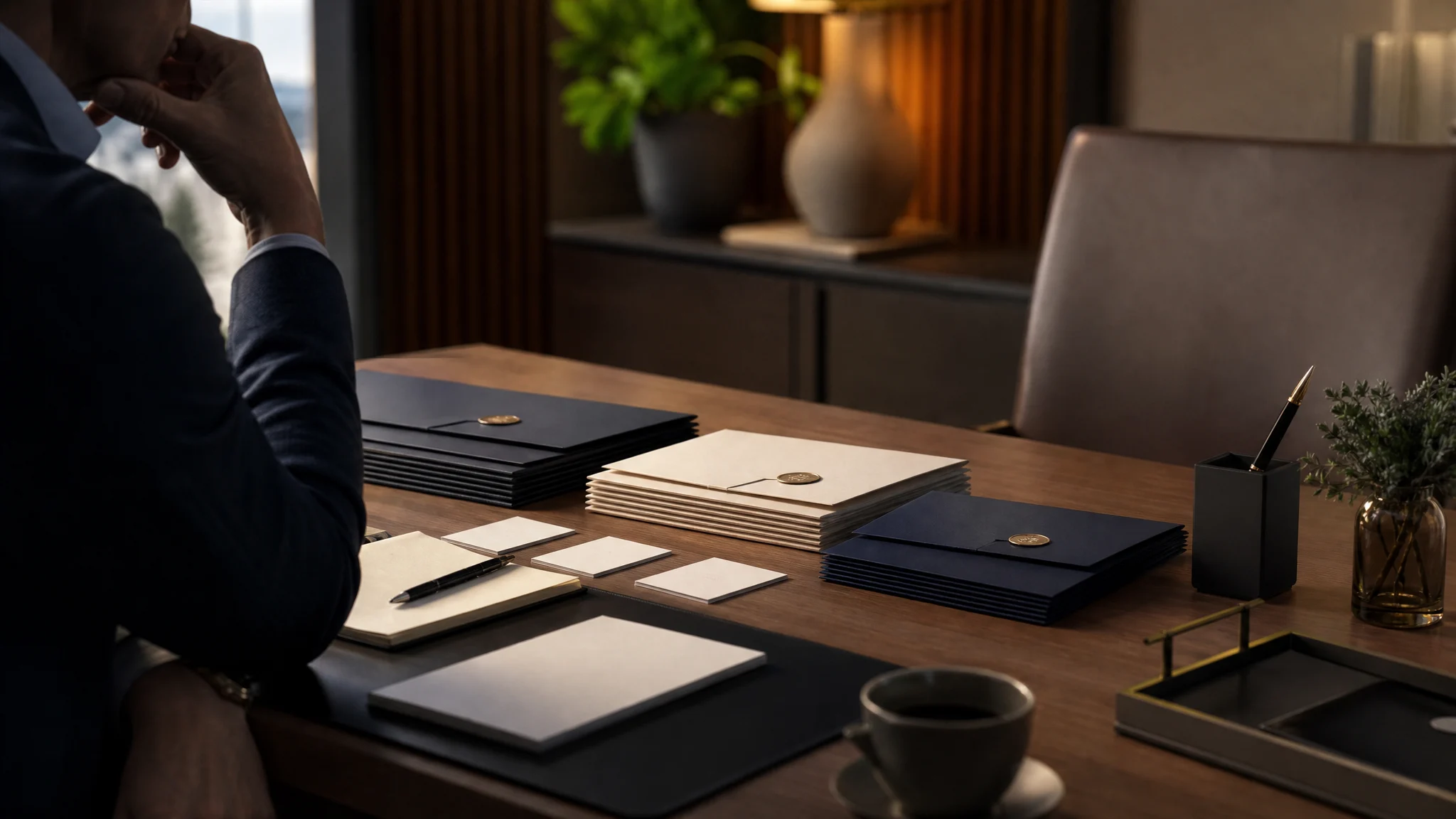 Founder reviewing advisory fee options at a desk with business sale planning materials