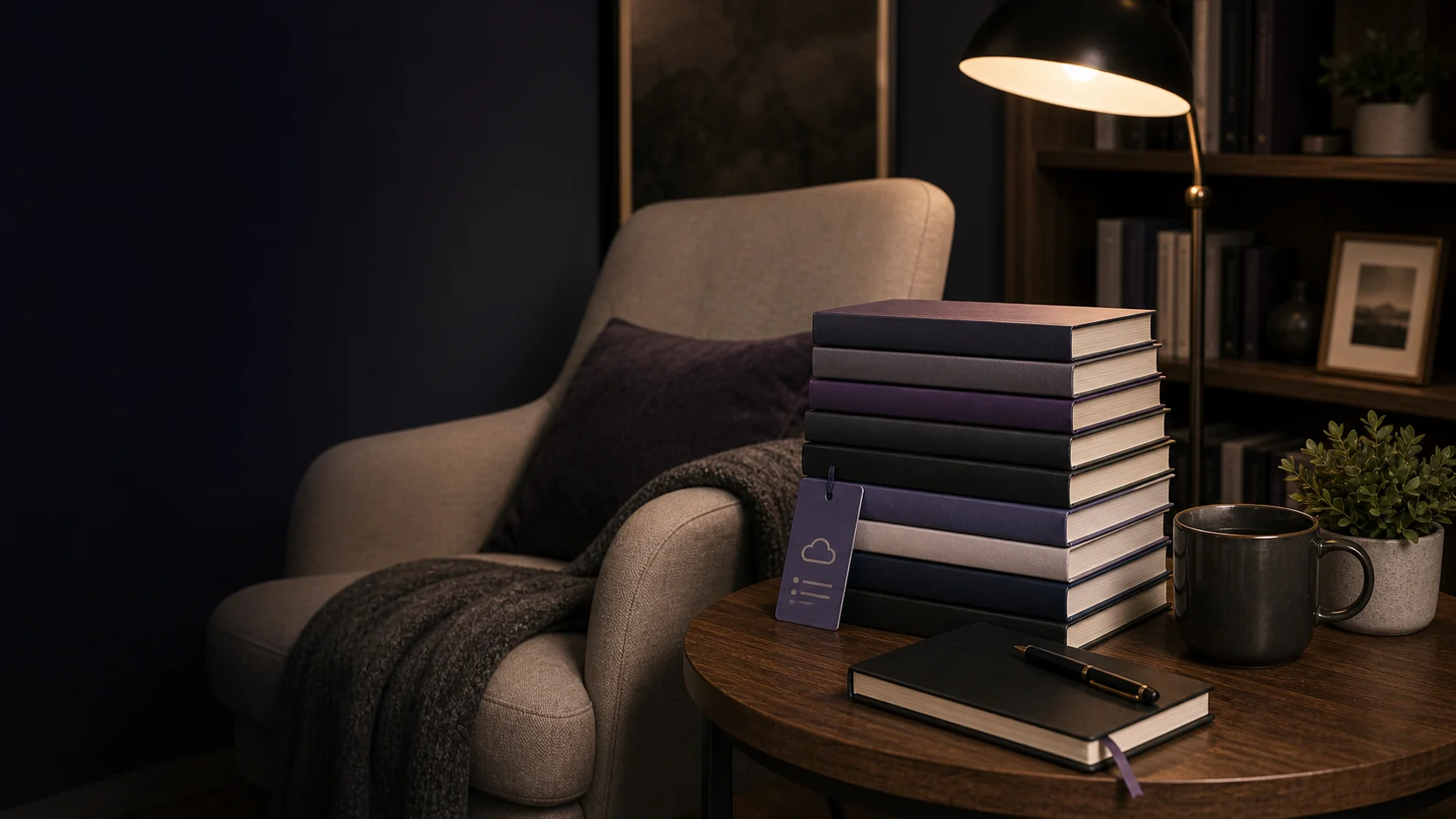 Founder reading nook with SaaS growth books and notebook