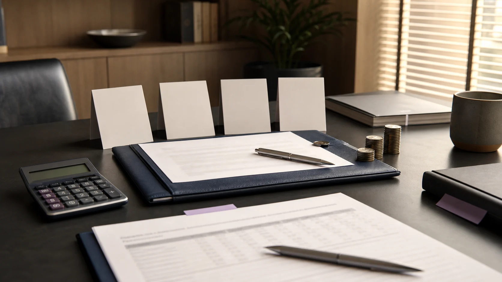 Advisor office with blank proceeds model cards and sale agreement folder