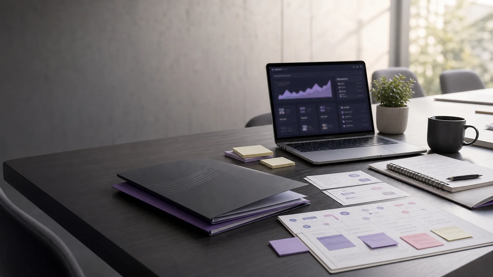 Conference table with AI trend report folders and roadmap cards