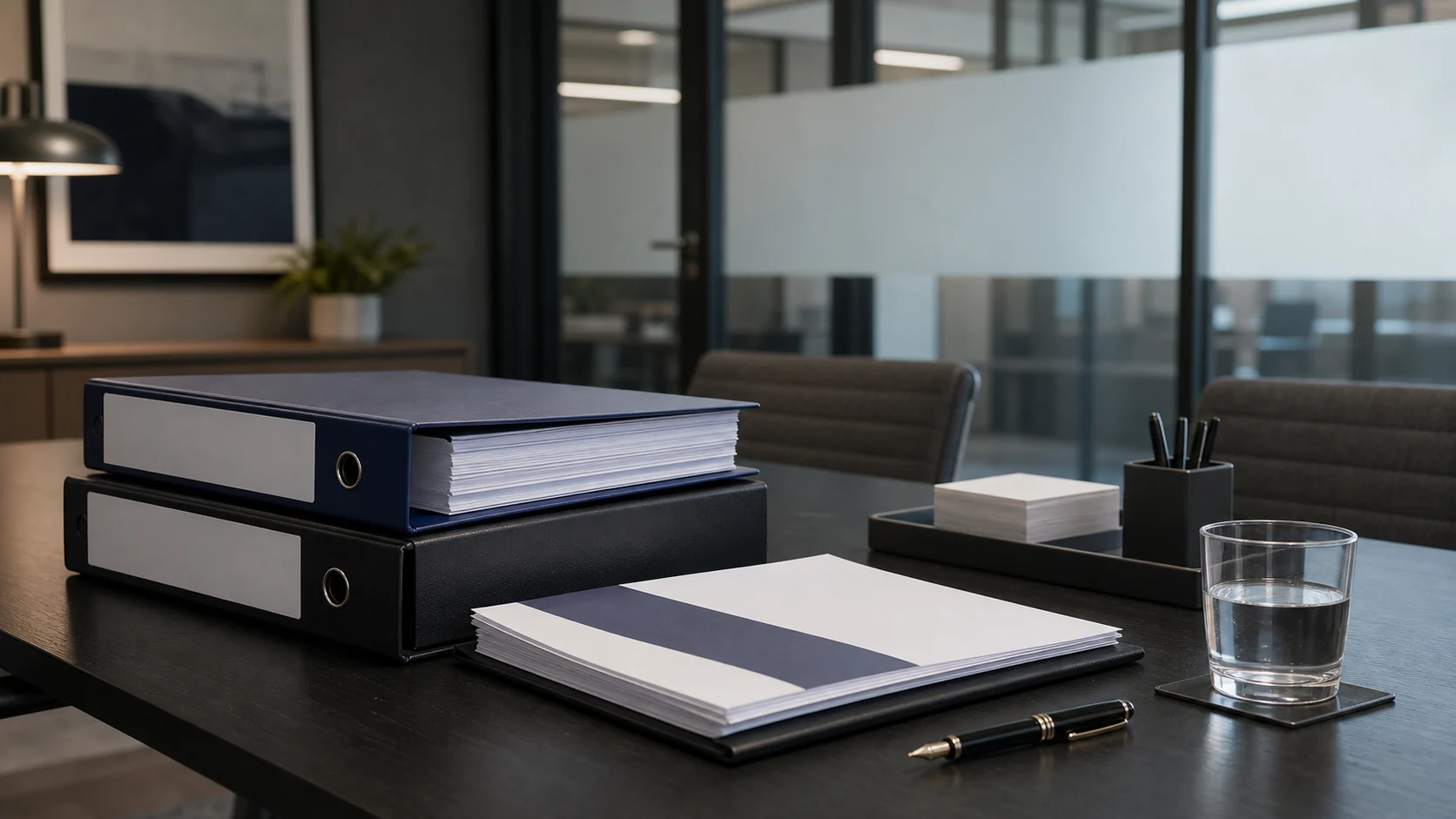 Conference room with audit binders and blank review materials