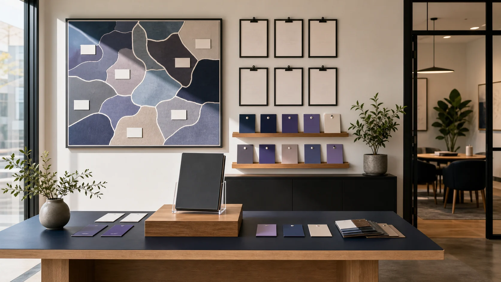Marketing strategy room with blank category map and authority evidence cards