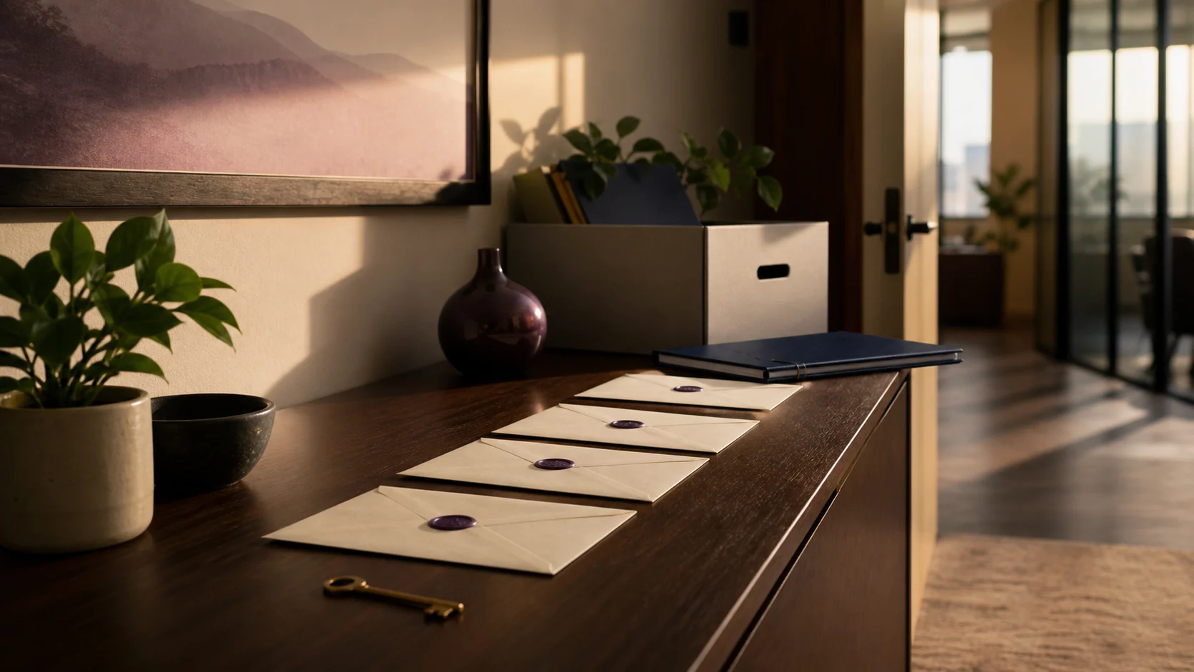 Sealed milestone envelopes and a key leading toward an open office doorway