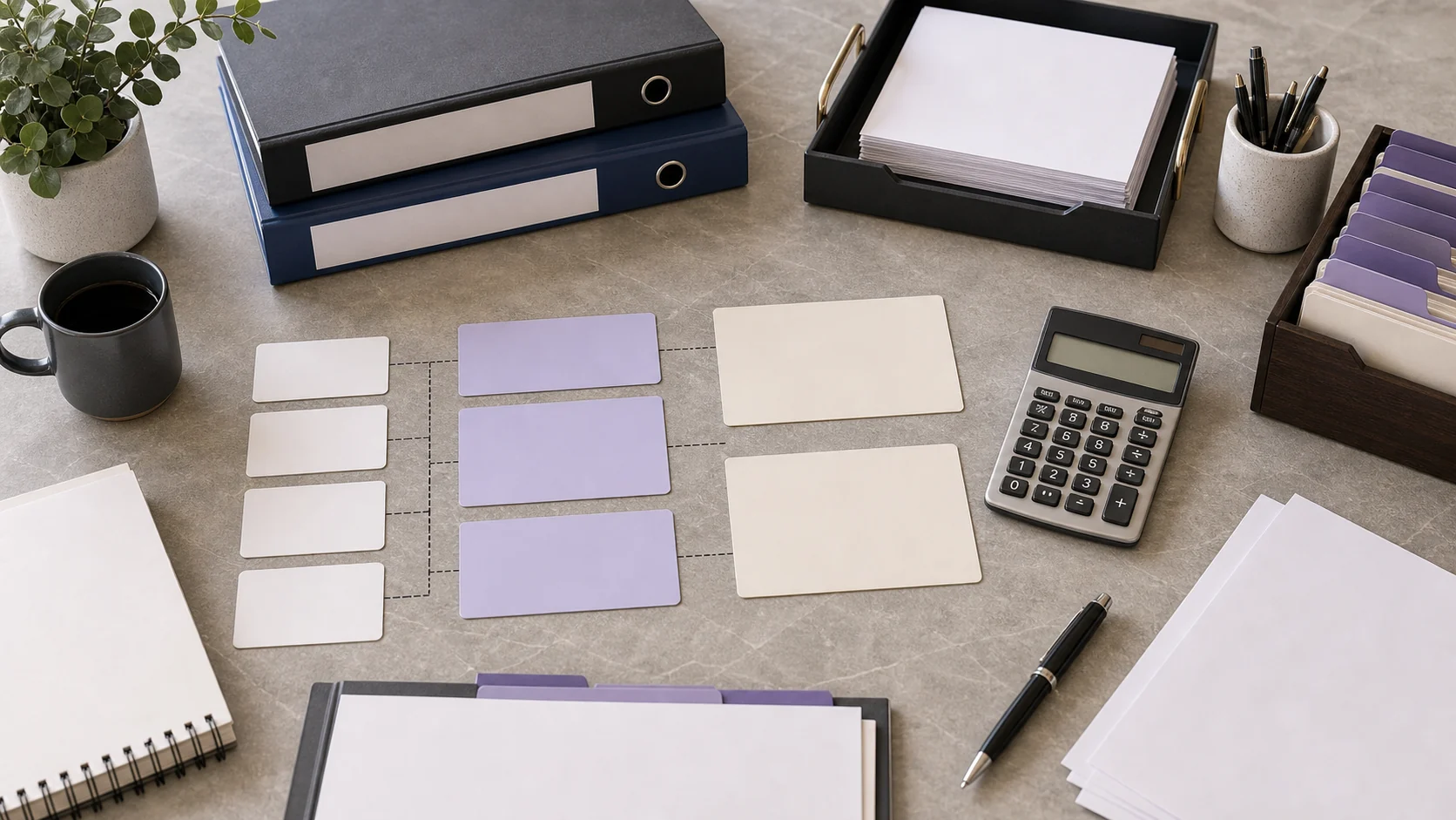 Operator desk with gross-margin cards, calculator, and finance binders
