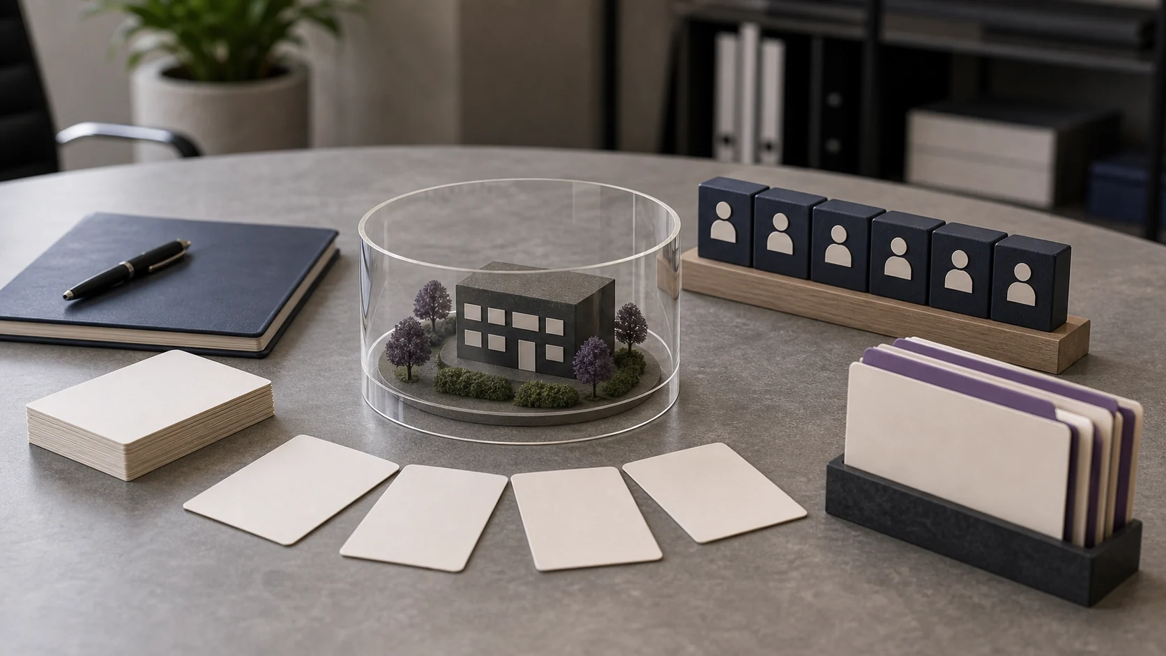Miniature business moat model with buyer materials on a strategy table
