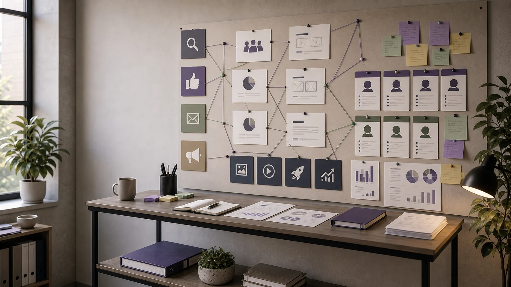 Marketing war-room board with channel and audience planning cards