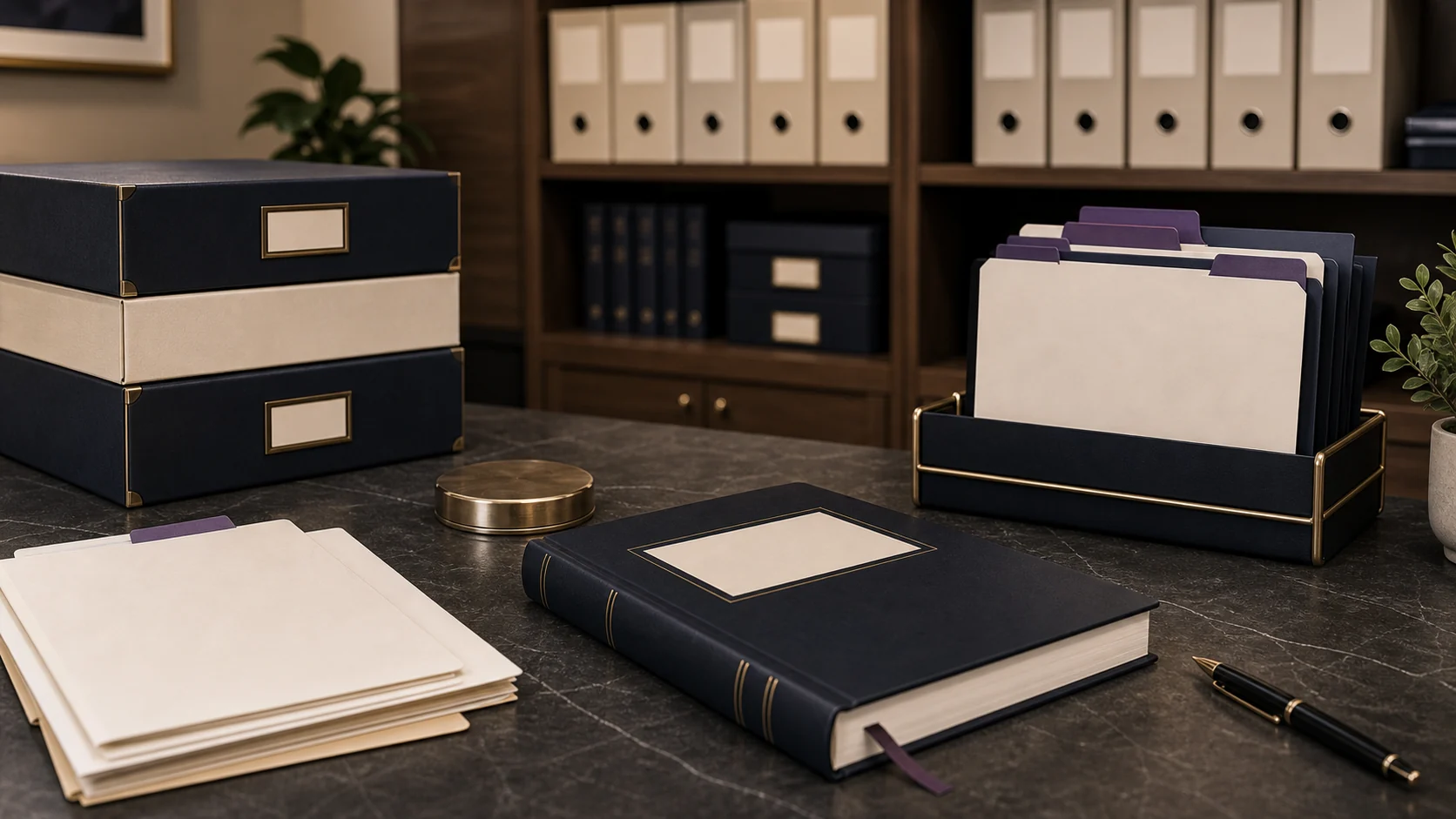 Corporate records room with binders, seal, and blank compliance folder