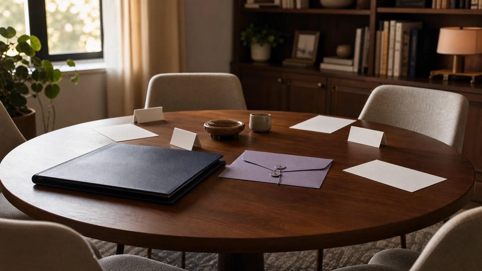 Private planning table with empty chairs, alignment folder, and stakeholder cards