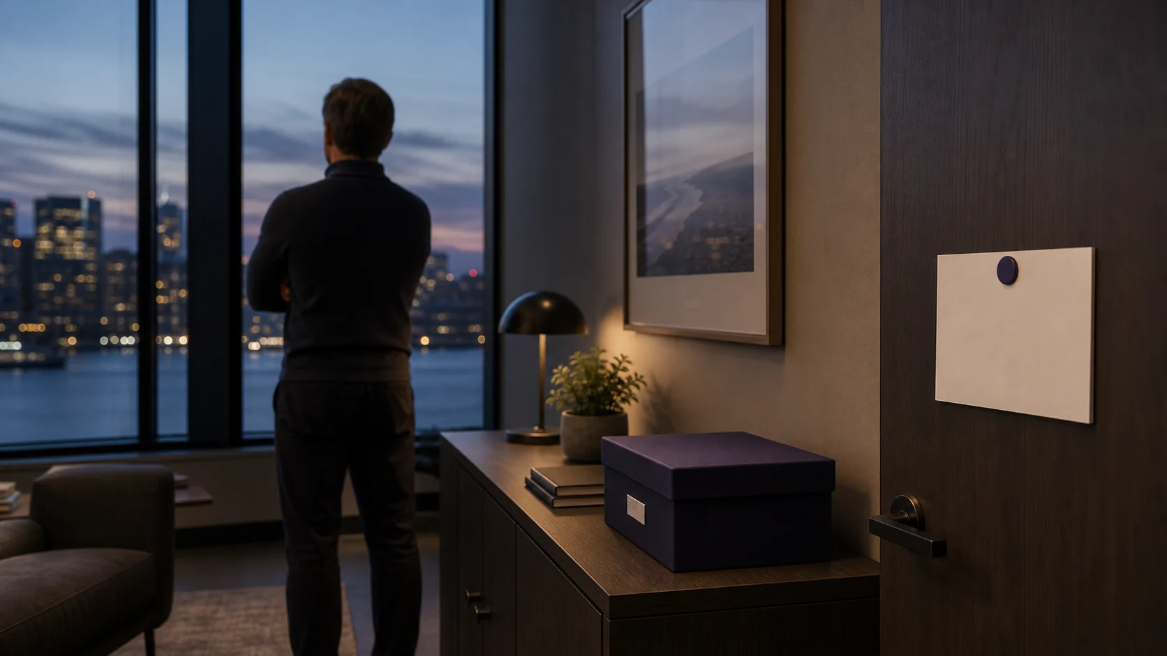 Quiet founder office with silhouette, keepsake box, and blank decision card