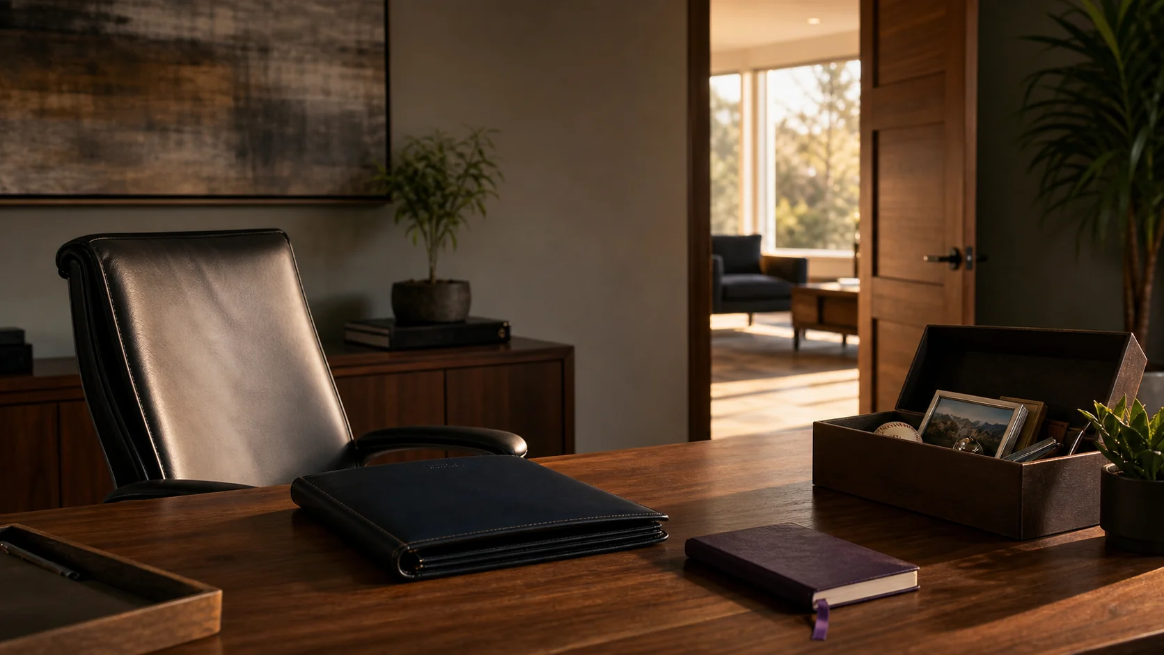 Empty founder office with transition folder, keepsake box, and sunlit doorway