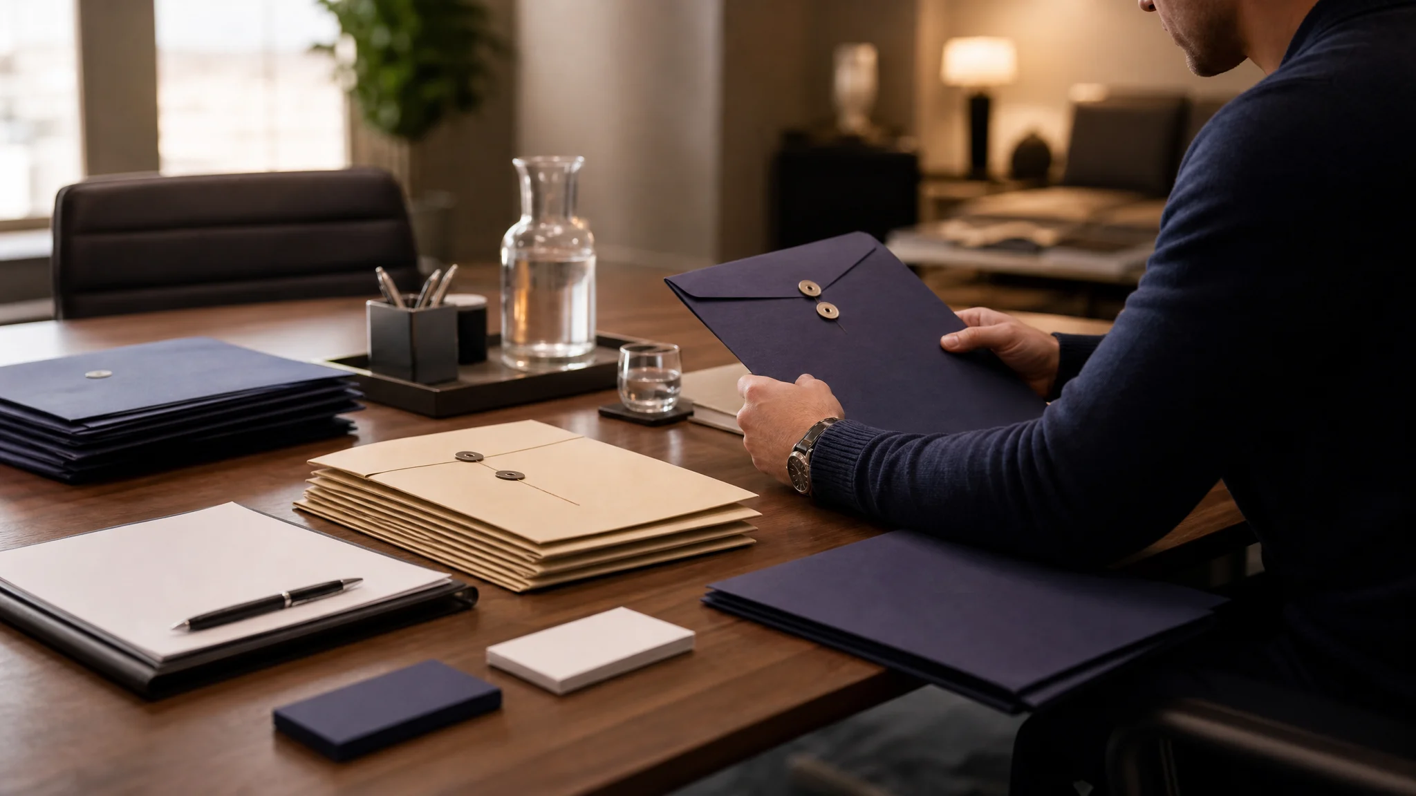 Founder reviewing SaaS exit preparation materials in a calm deal room setting