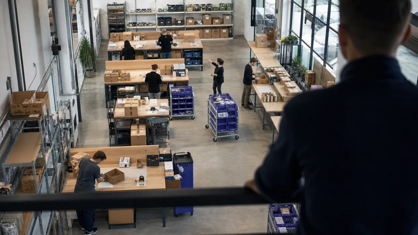 Founder overlooking a well-organized small business operation from a mezzanine