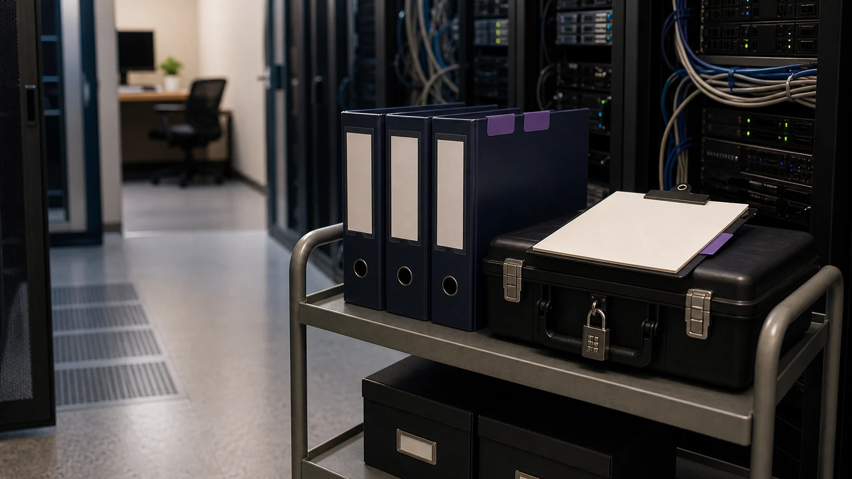 Server room cart with code binders, locked evidence case, and signature packet