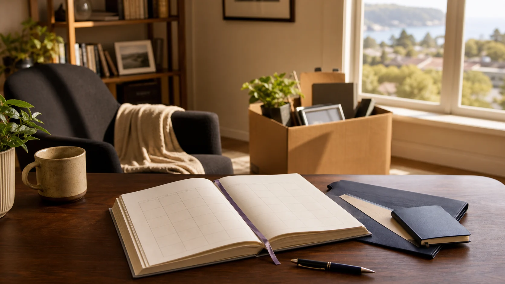 Sunlit home office with blank planner, transition box, and next-chapter notebook