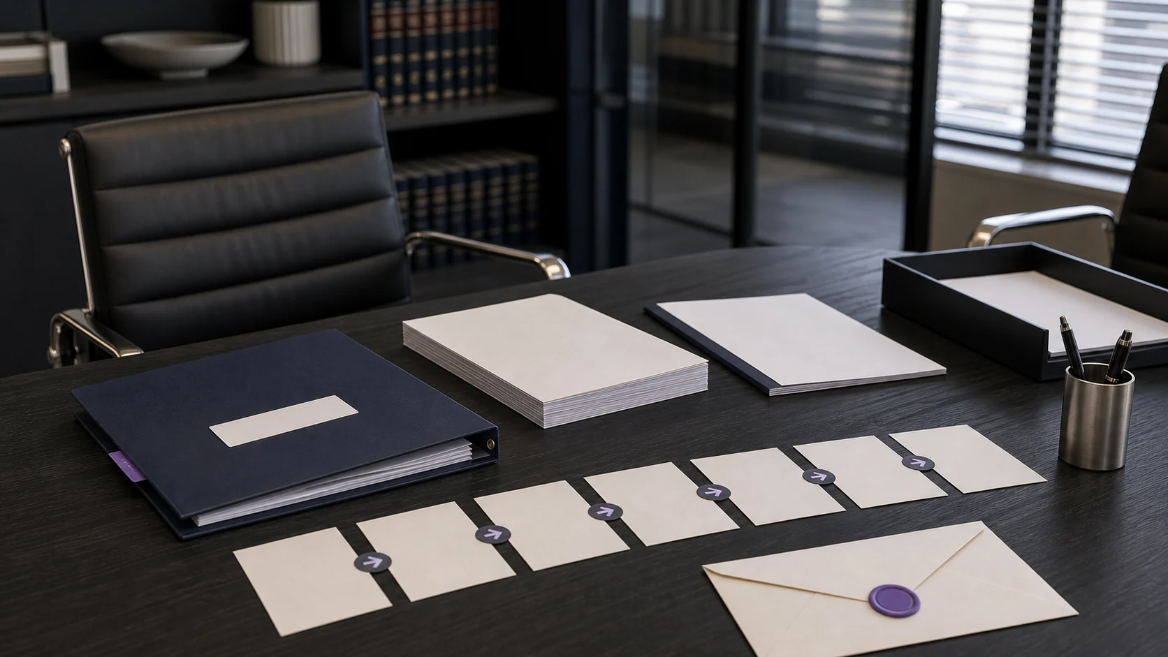 Legal review table with risk files, disclosure cards, and blank folder