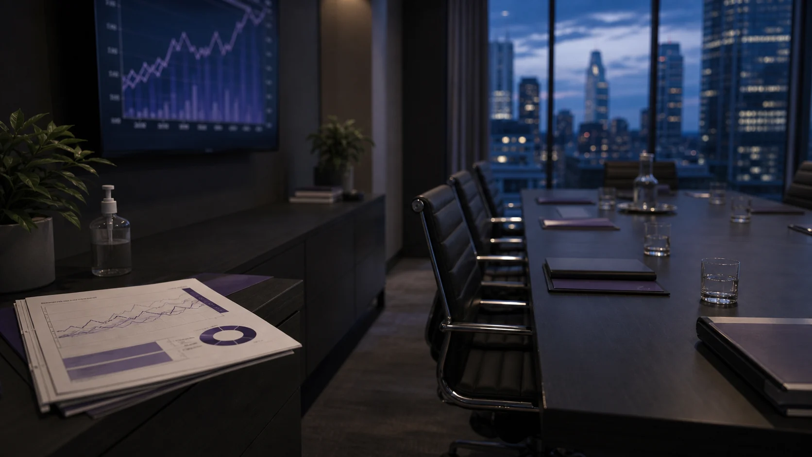 After-hours boardroom with recovery report for post-COVID M&A trends