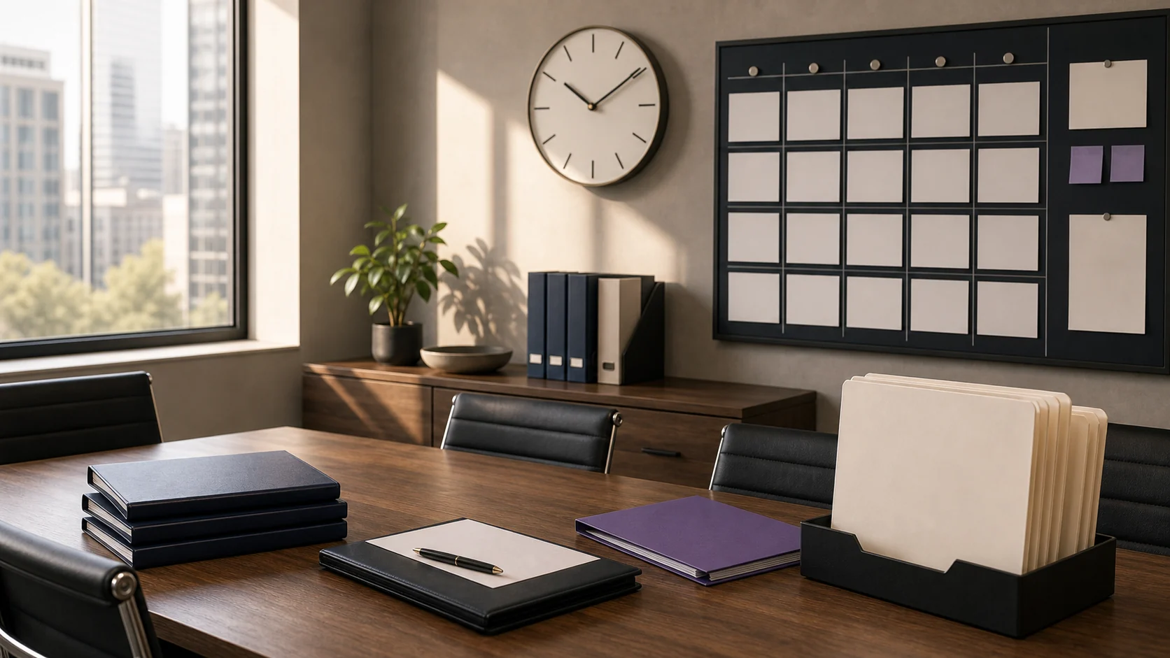 Office planning wall with timing board, clock, and market-readiness folders