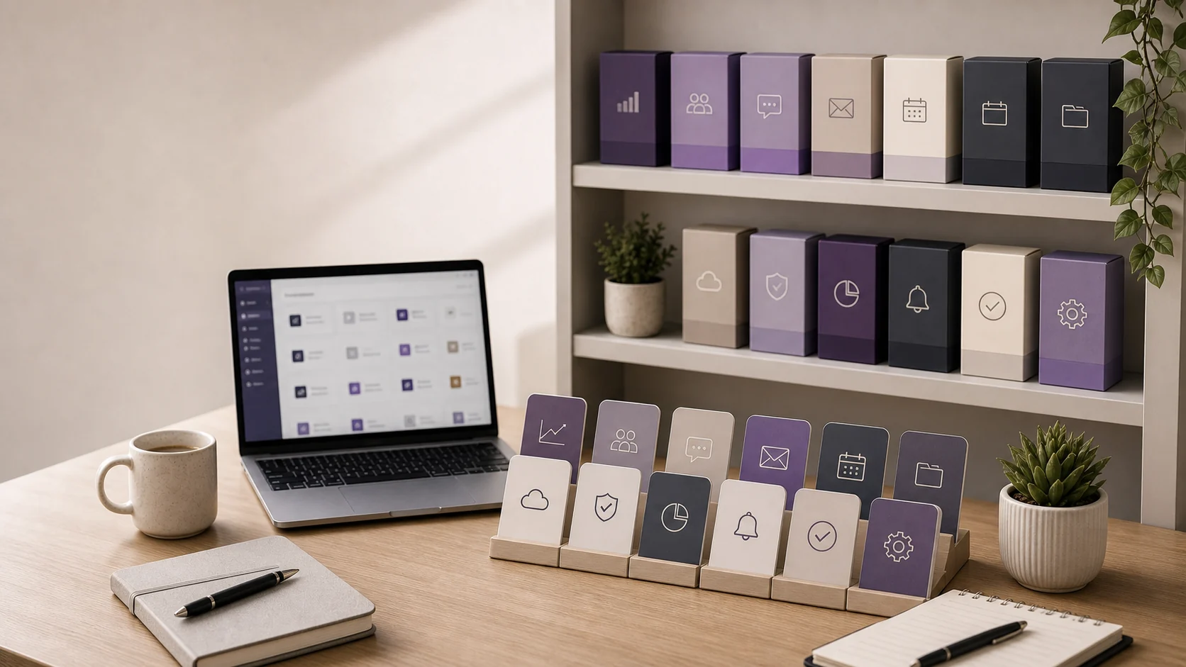 Unlabeled SaaS app cards and subscription boxes in a product gallery