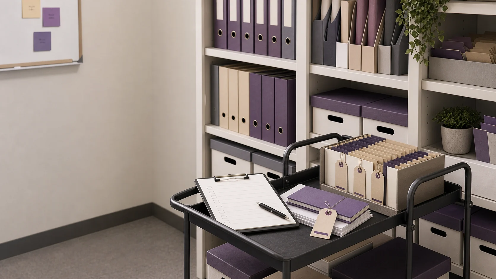 Organized records closet with binders and banker boxes for sale prep