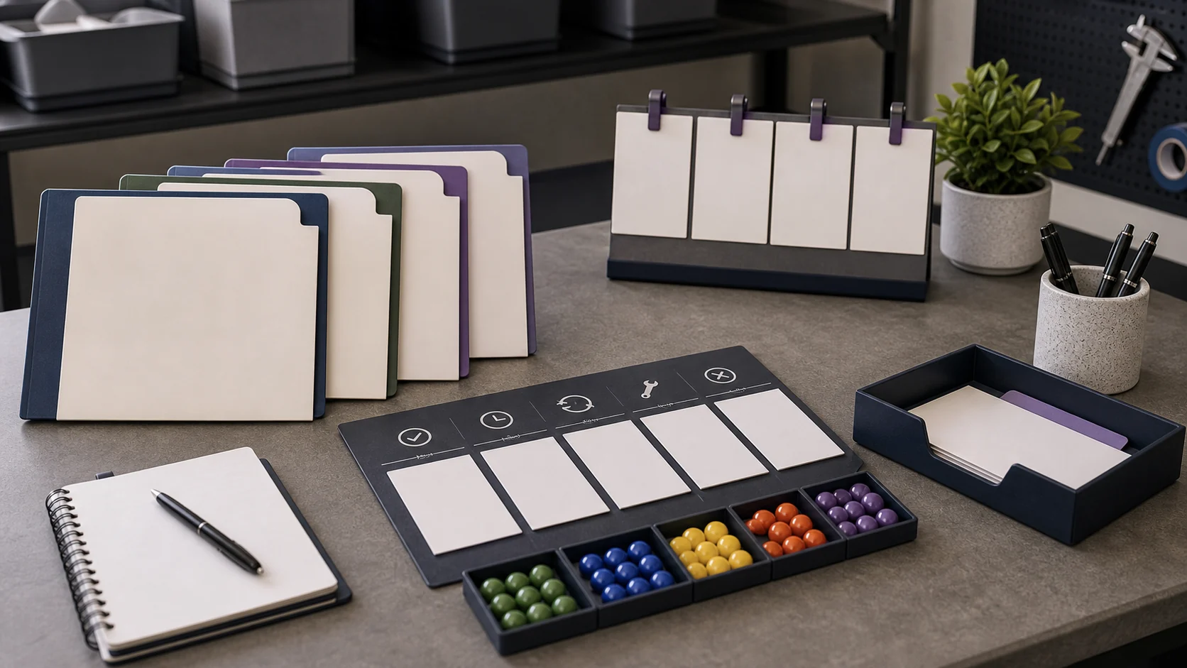Operations table with quality-control tokens and blank measurement cards