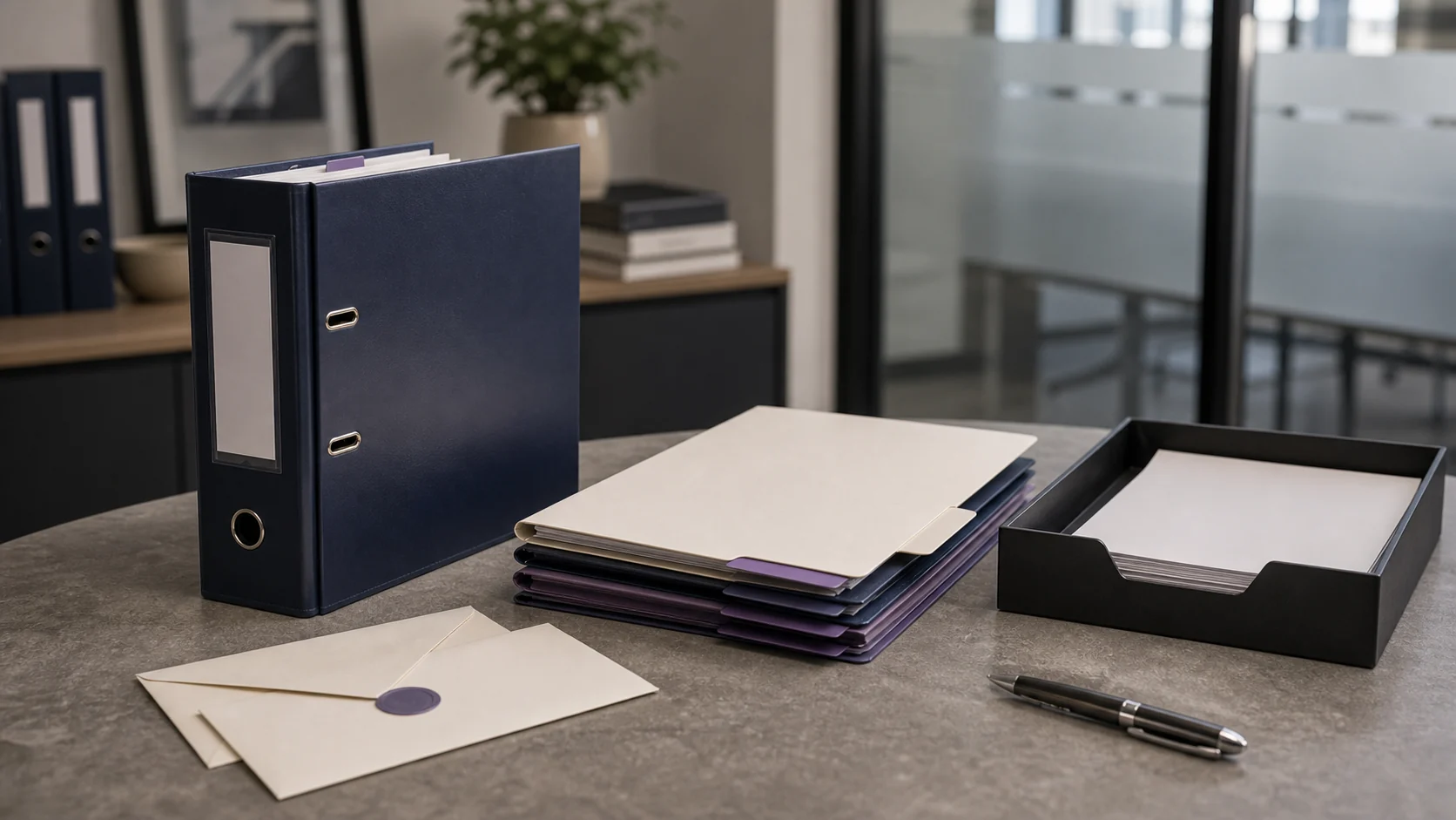 Compliance desk with blank evidence packets, binders, and review checklist
