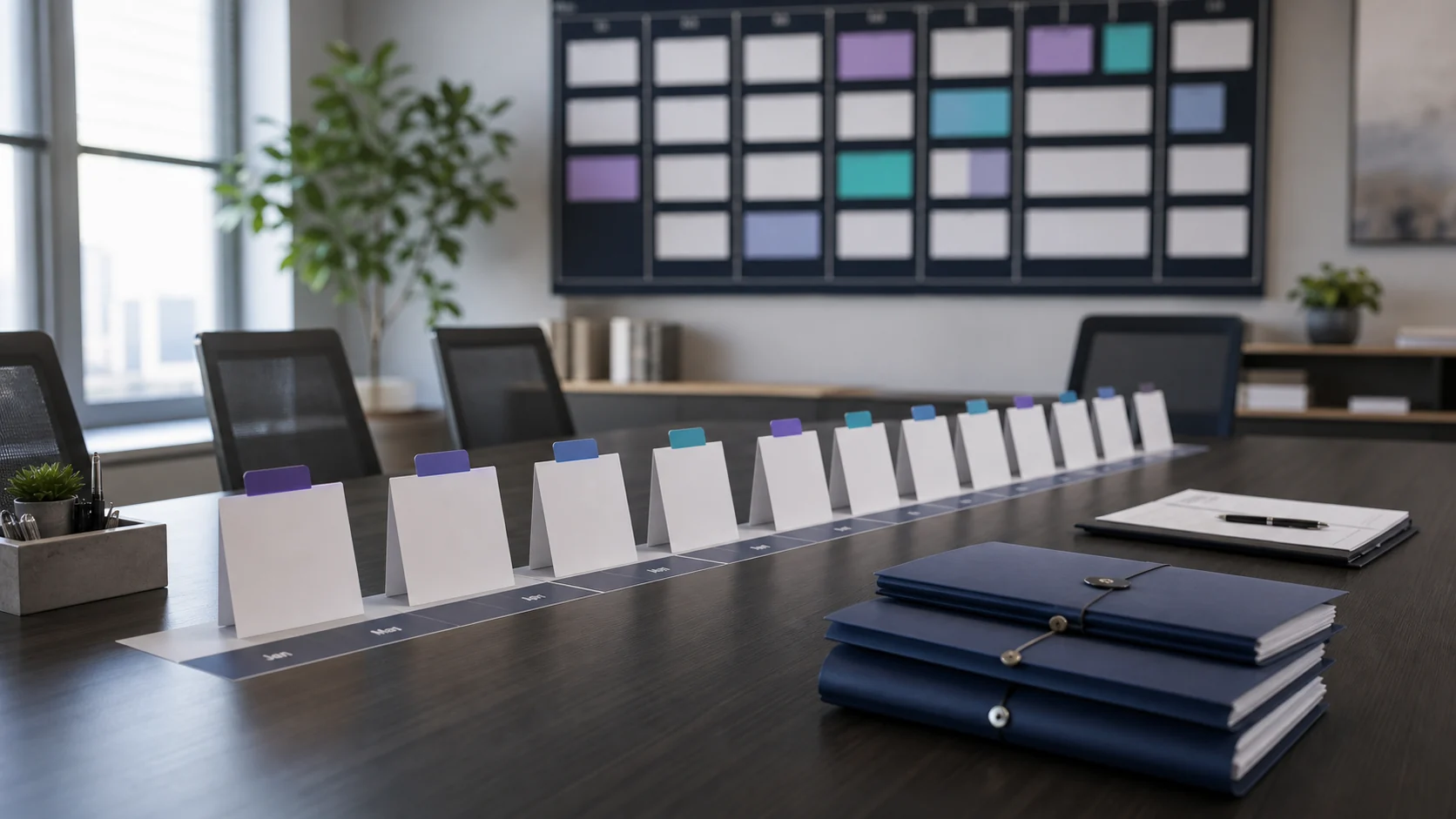 Boardroom table with recurring revenue cards and forward-visibility folders
