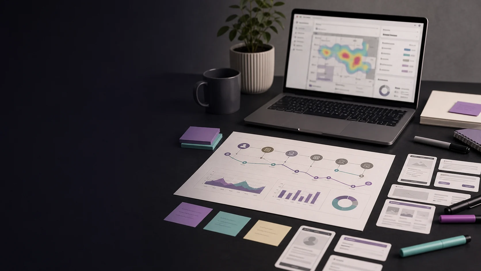 UX journey map and blurred heatmap for SaaS analytics