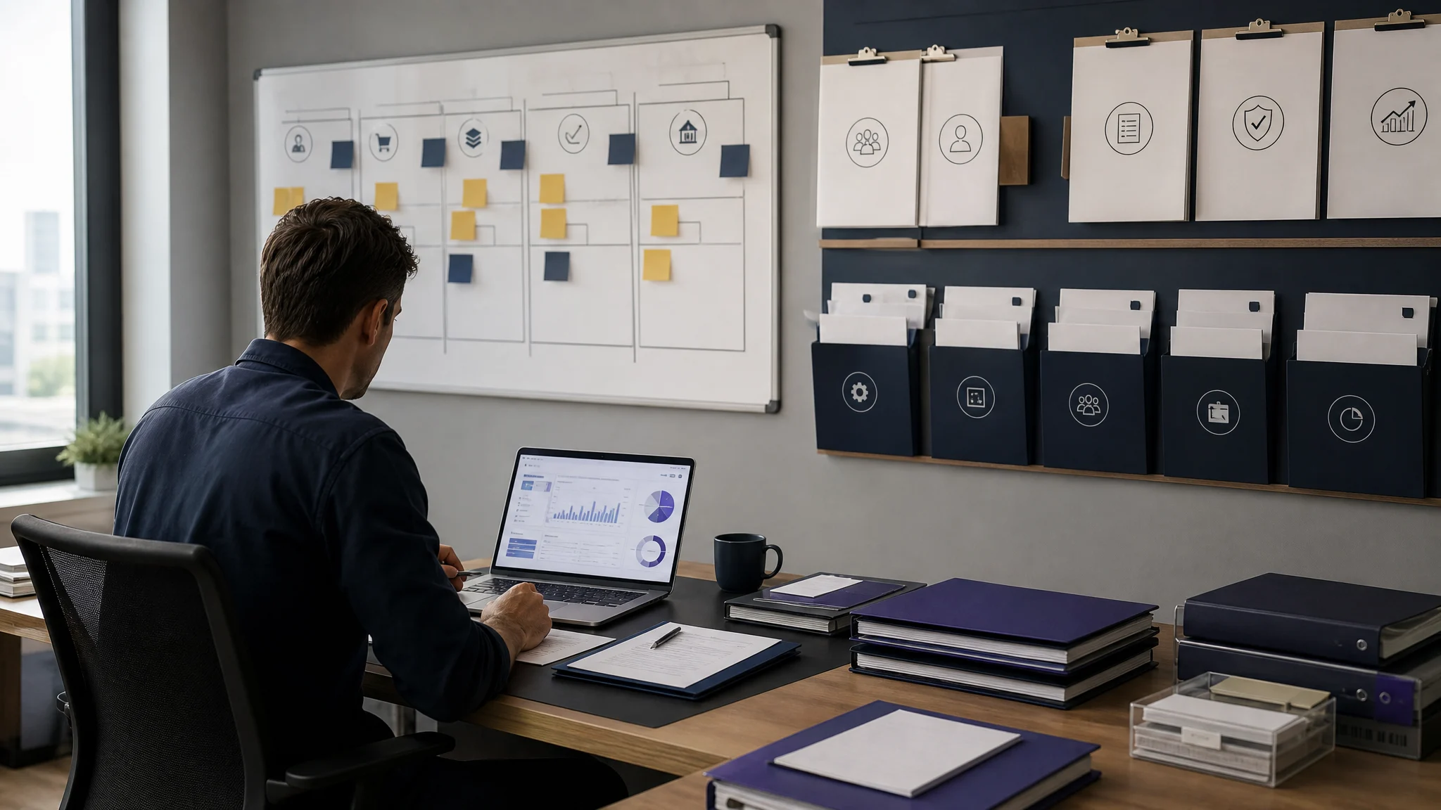 Founder preparing an online business sale with organized deal documents and operational notes