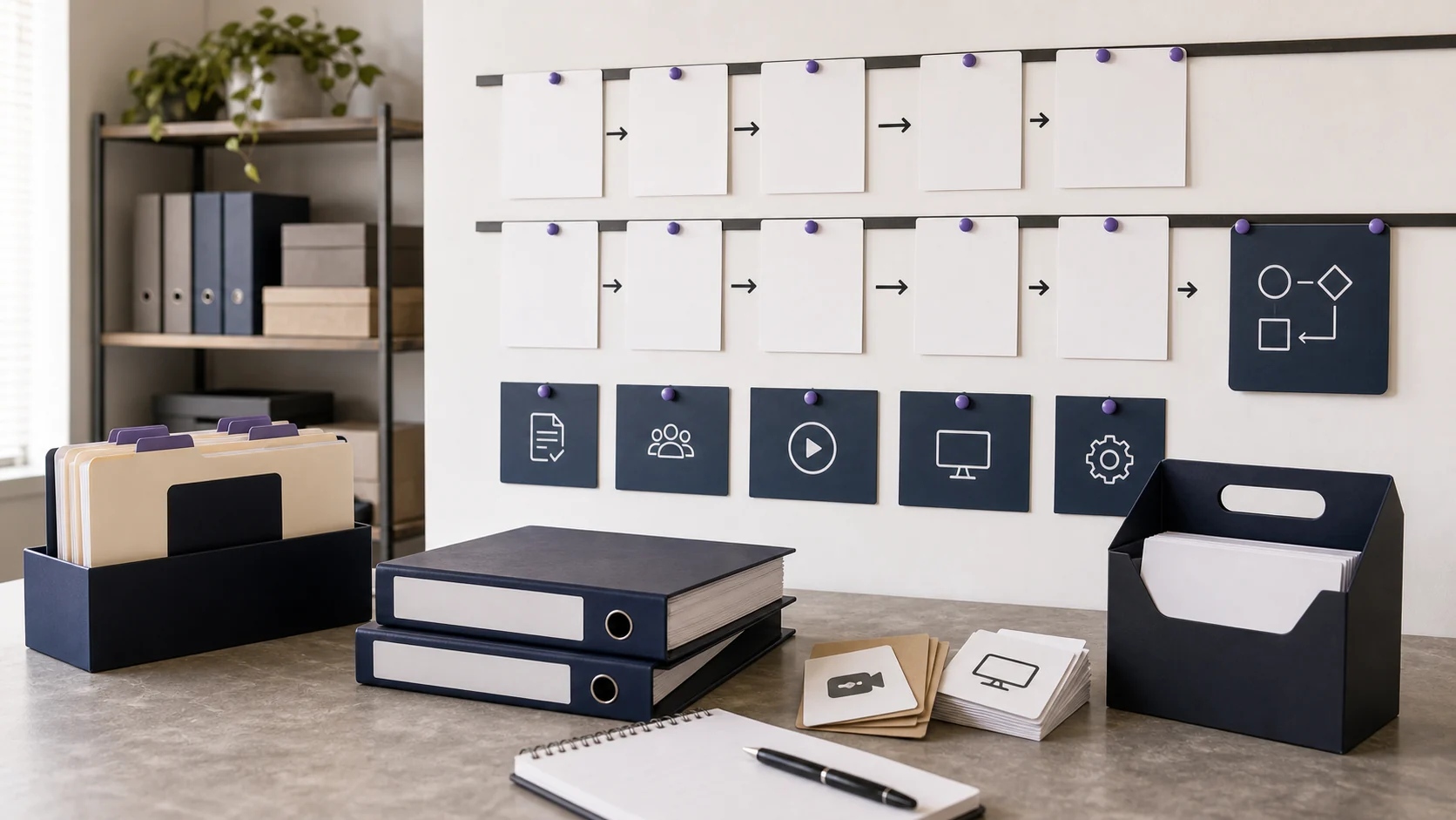 Operations wall with SOP binders, blank process cards, and transfer materials