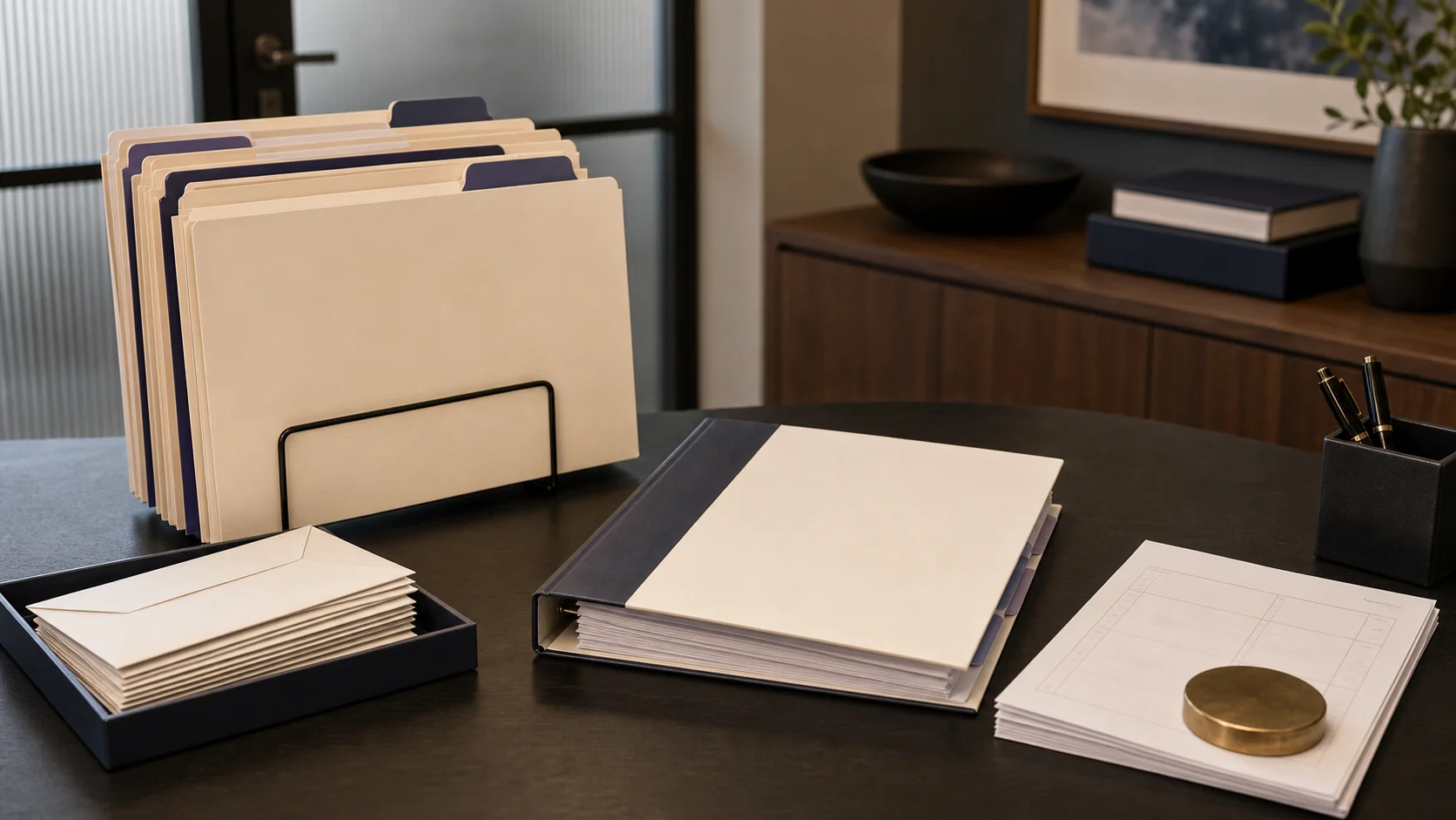 Tax preparation desk with blank filings, calculator, and compliance folders