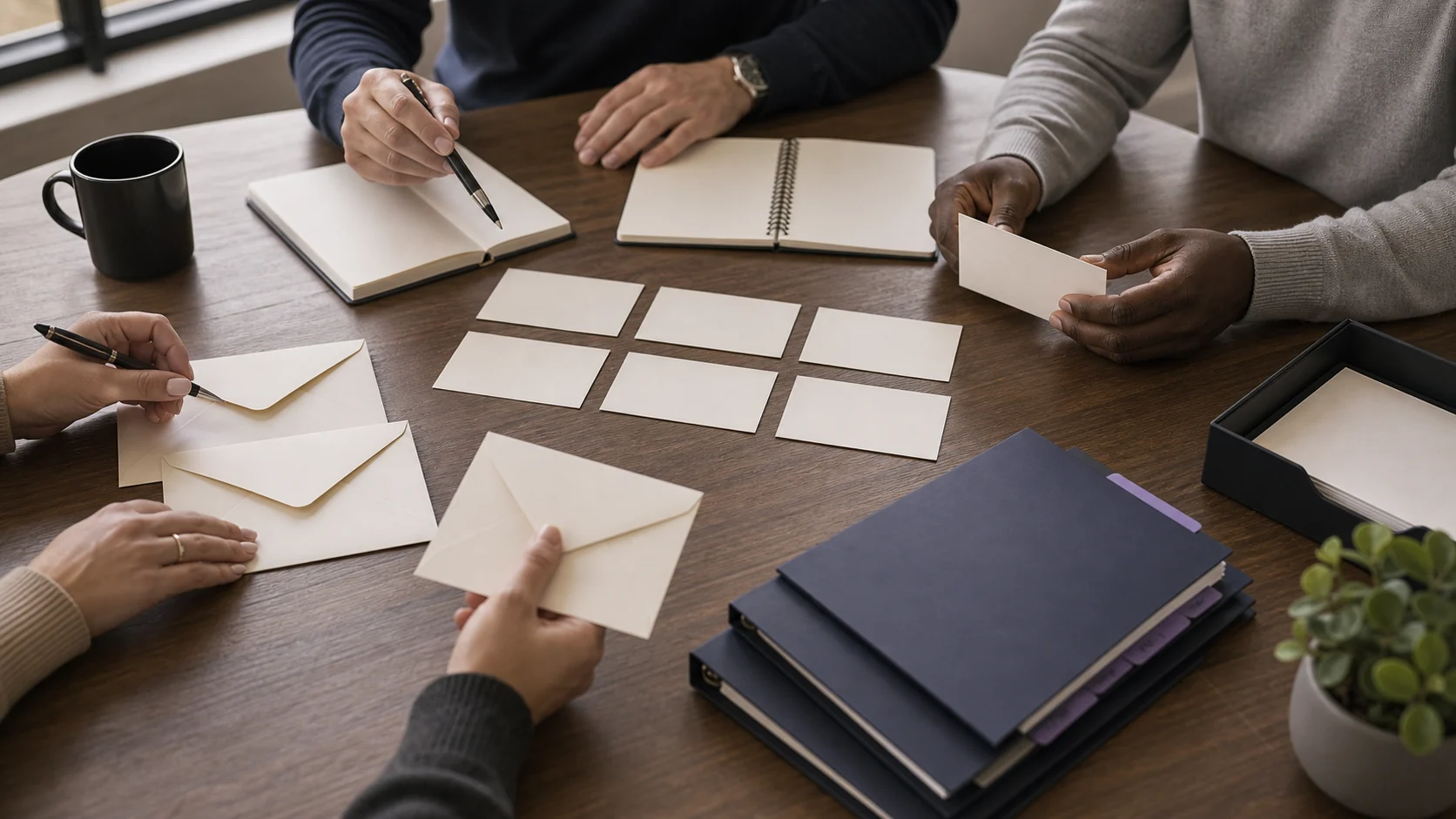 Team planning table with retention folders and anonymous employee cards