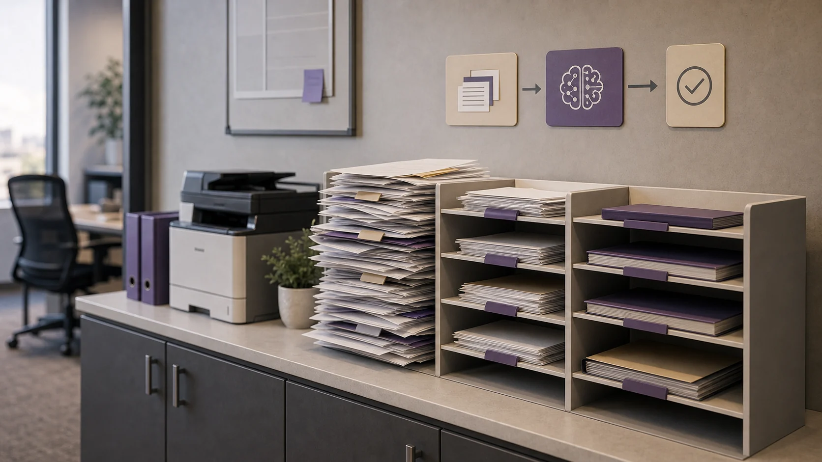 Office workflow trays showing productivity improvement through AI