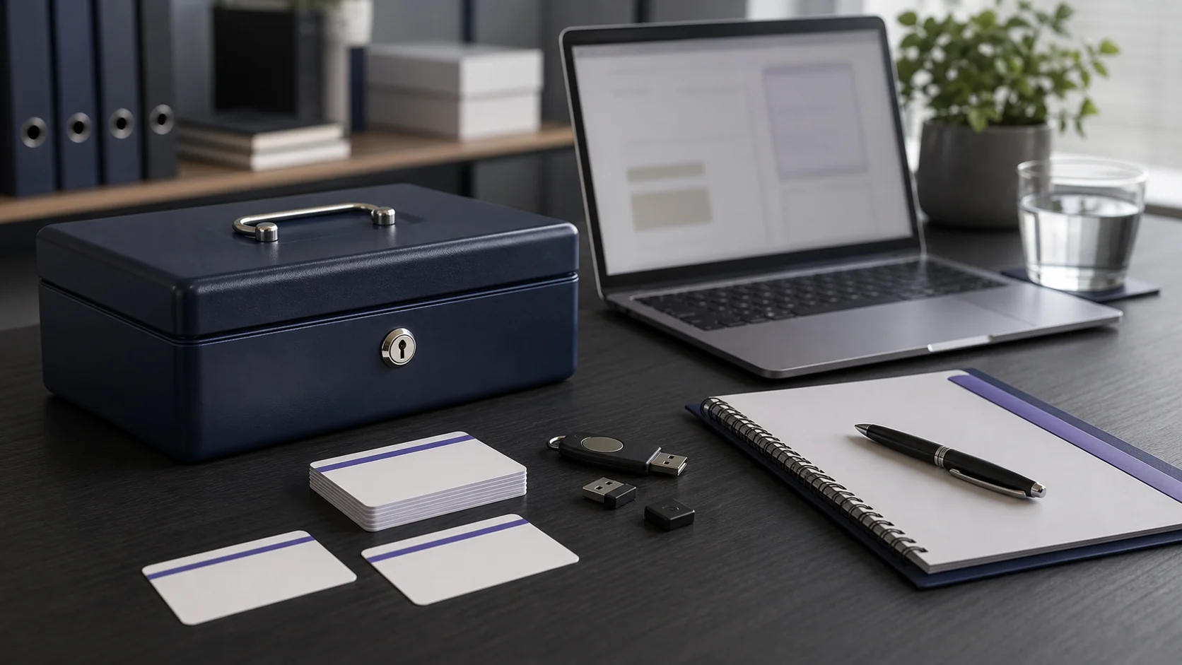 Systems transfer desk with license cards, device dock, and organized folders