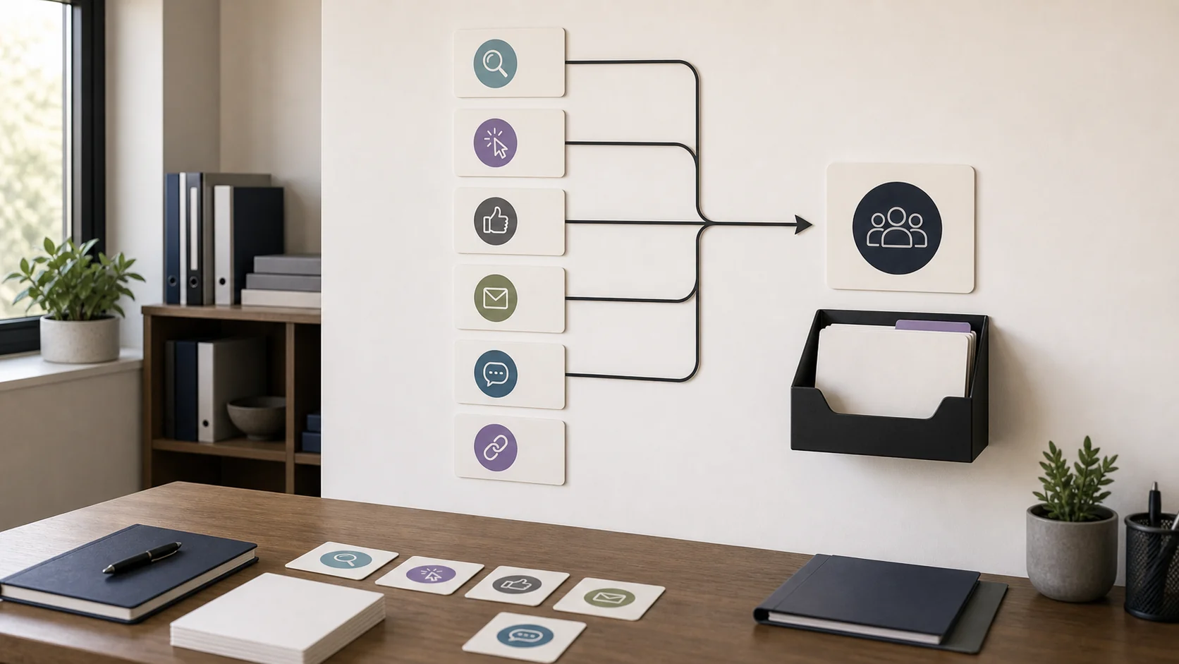 Marketing channel wall with several balanced blank source cards