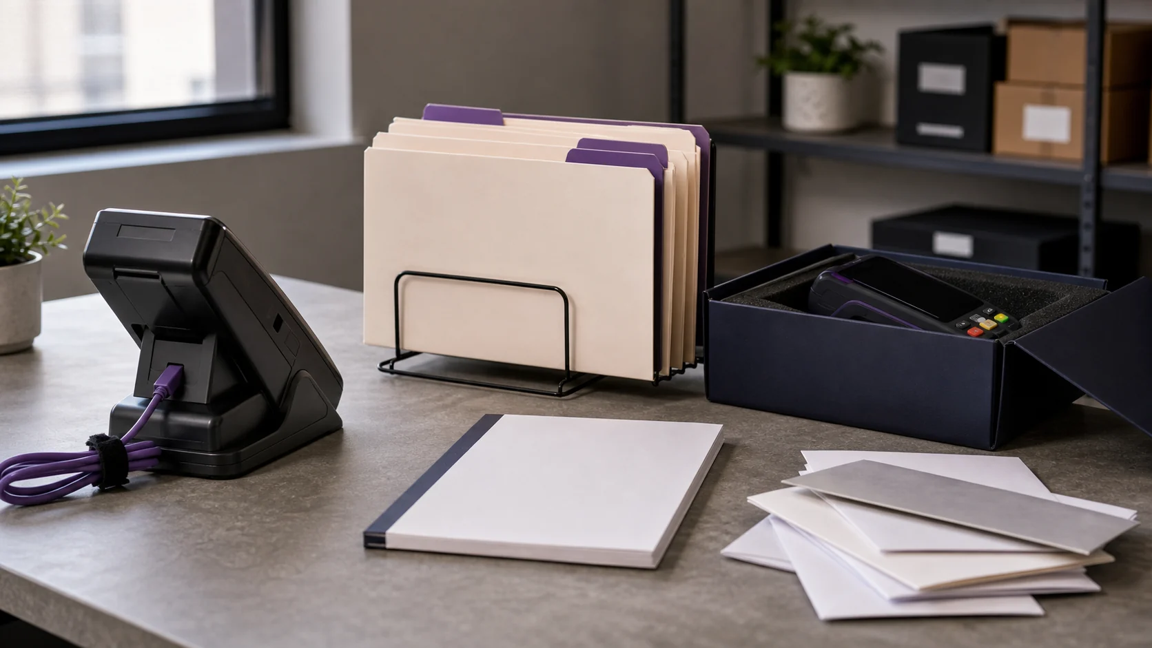 Payment operations desk with terminal, transfer folder, and blank cards