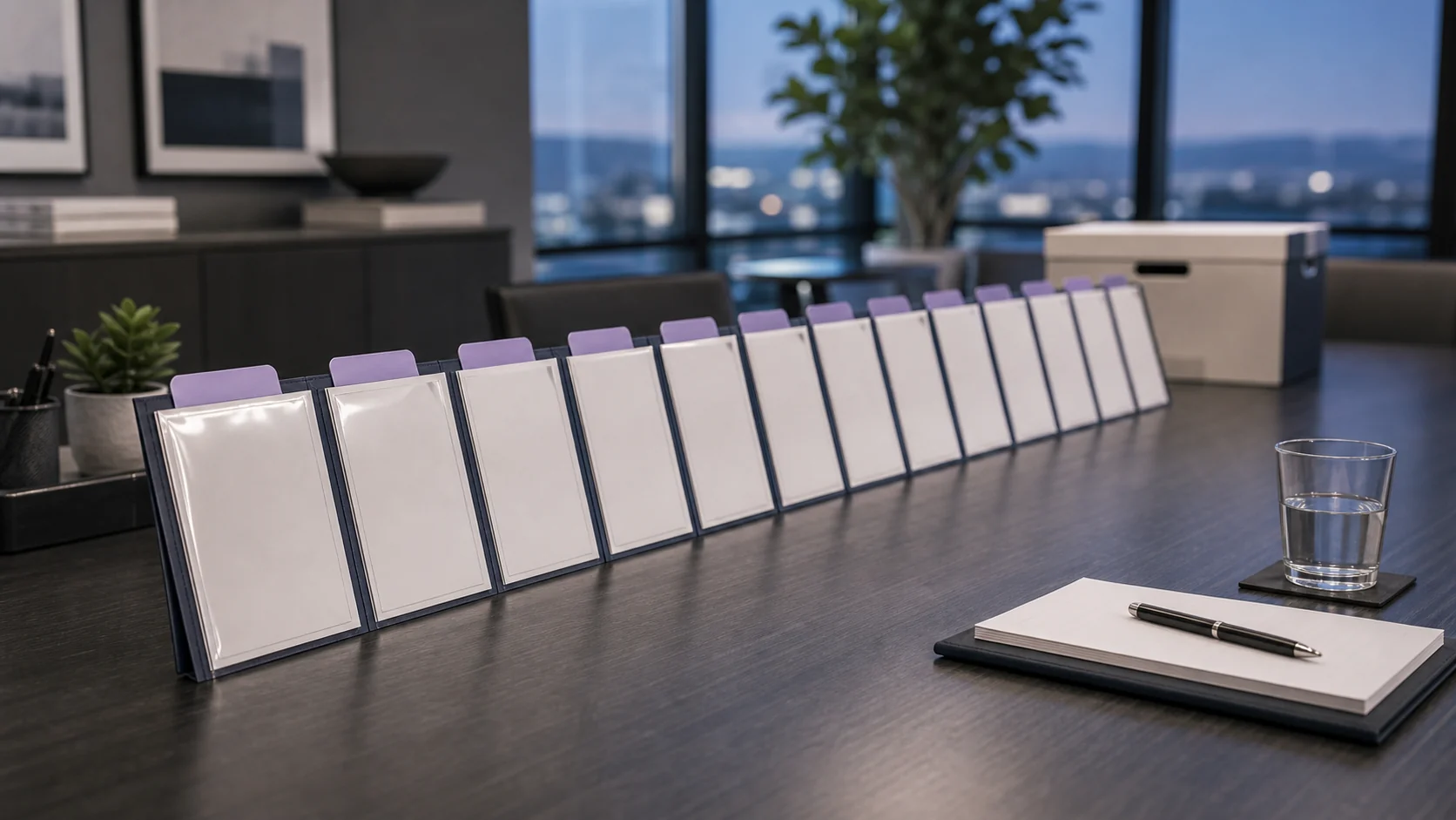 Boardroom with trailing-twelve-month timeline cards and finance materials