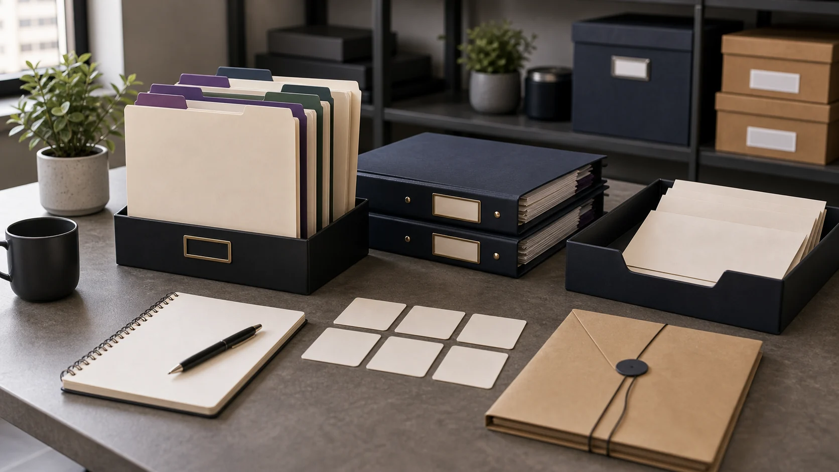 Contract review desk with vendor folders, blank terms, and continuity file