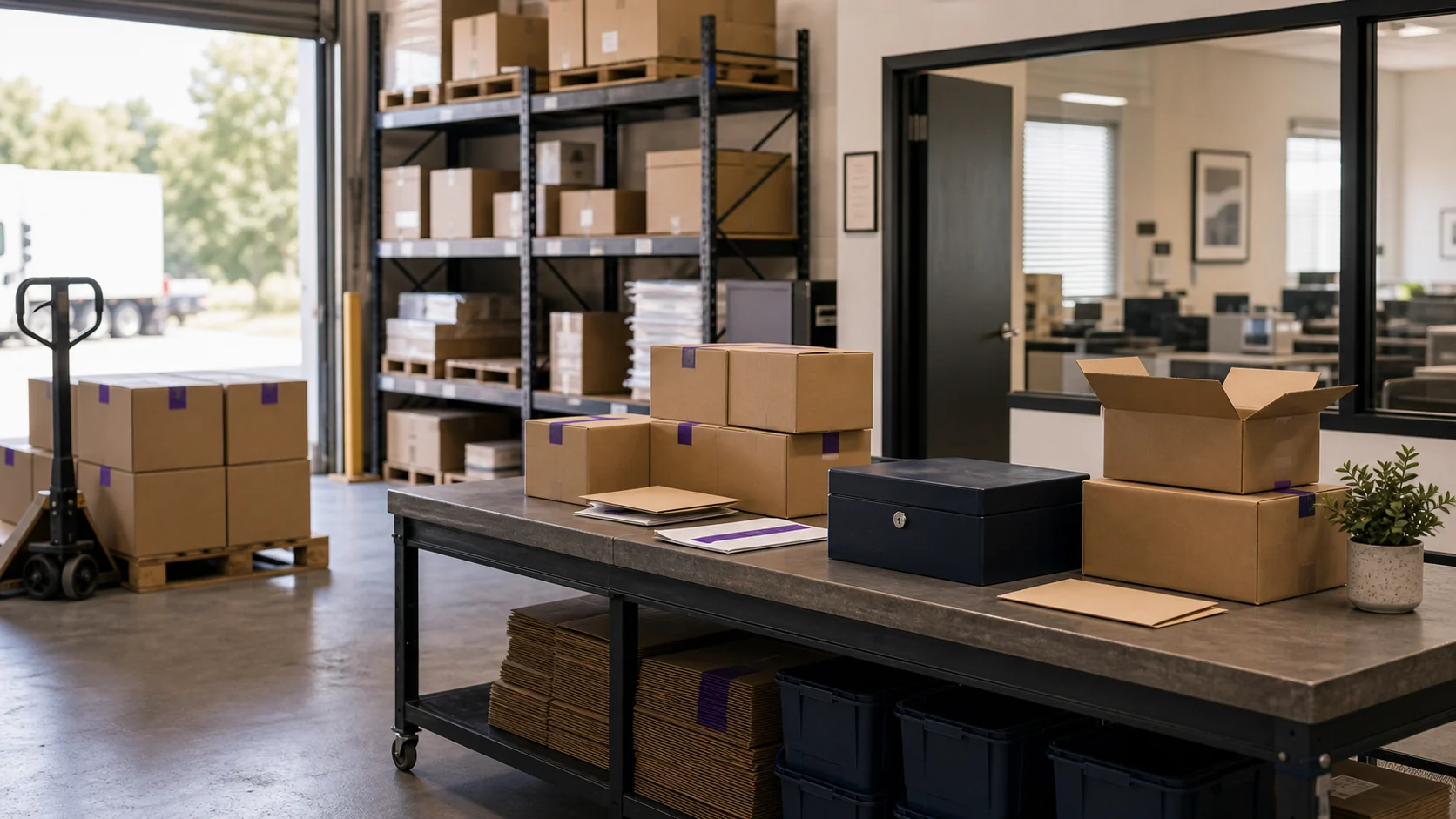 Warehouse receiving area with staged boxes and working-capital materials